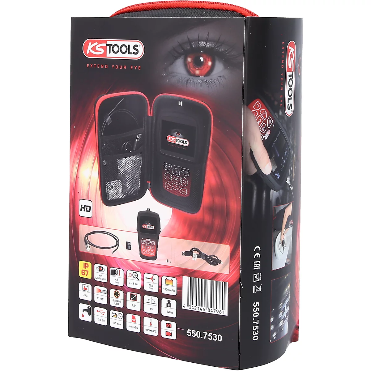 Werkzeugkoffer mit rotem Innenfutter, geöffnet und mit Werkzeug gefüllt; rote Augen auf der Verpackung.